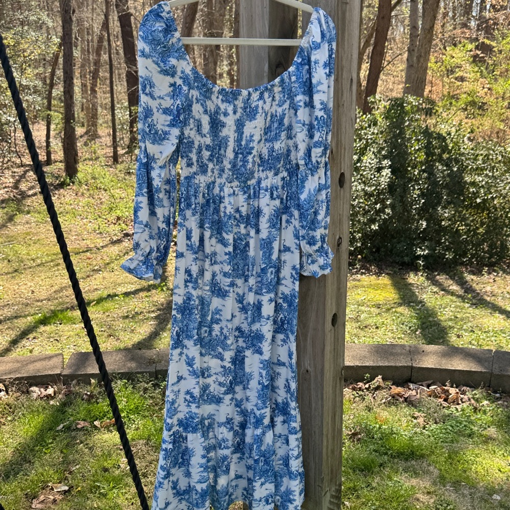Blue and White Floral Toile Maxi Dress - Picture 5 of 9